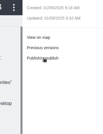 screenshot: A Publish/unpublish note action is shown in the &quot;Note properties&quot; sidebar, just below a &quot;Previous versions&quot; button