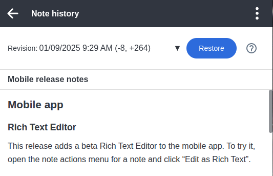screenshot: The note history page