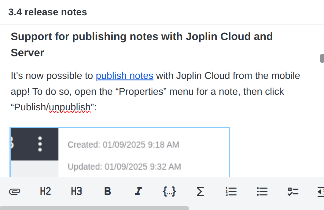 screenshot: Mobile Rich Text Editor editing the welcome notes. Images, headings, etc are rendering.
