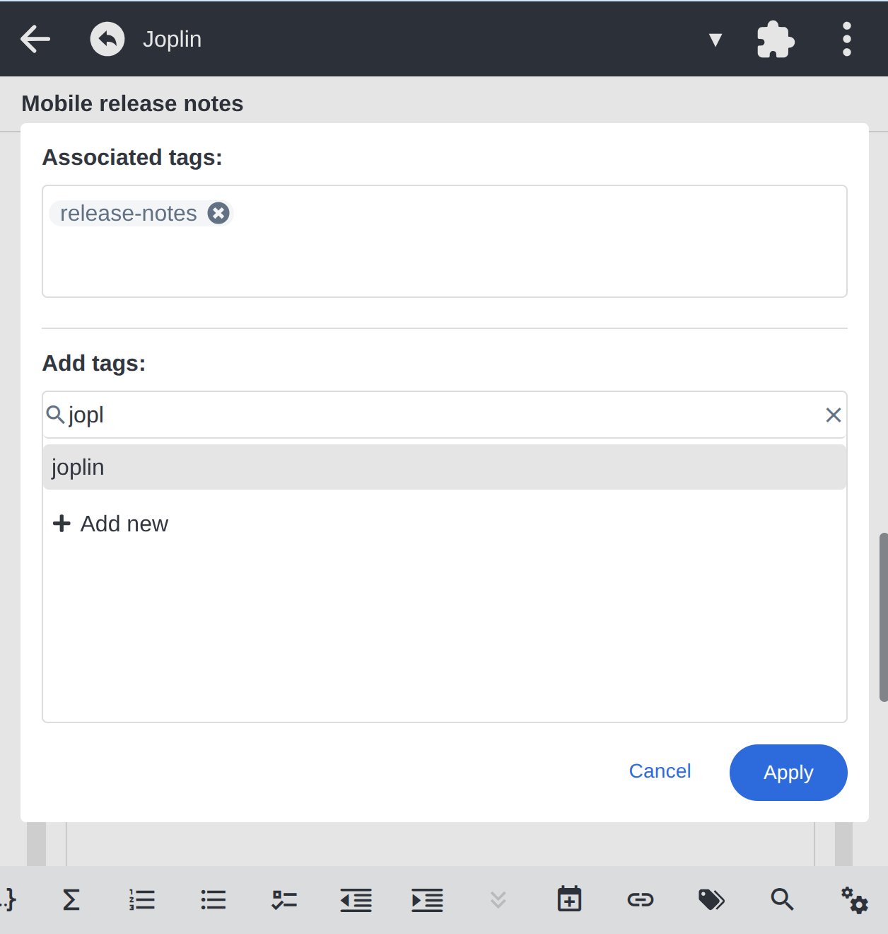 screenshot: Tag dialog now consists of three sections: Added tags, Add new tags, Actions.